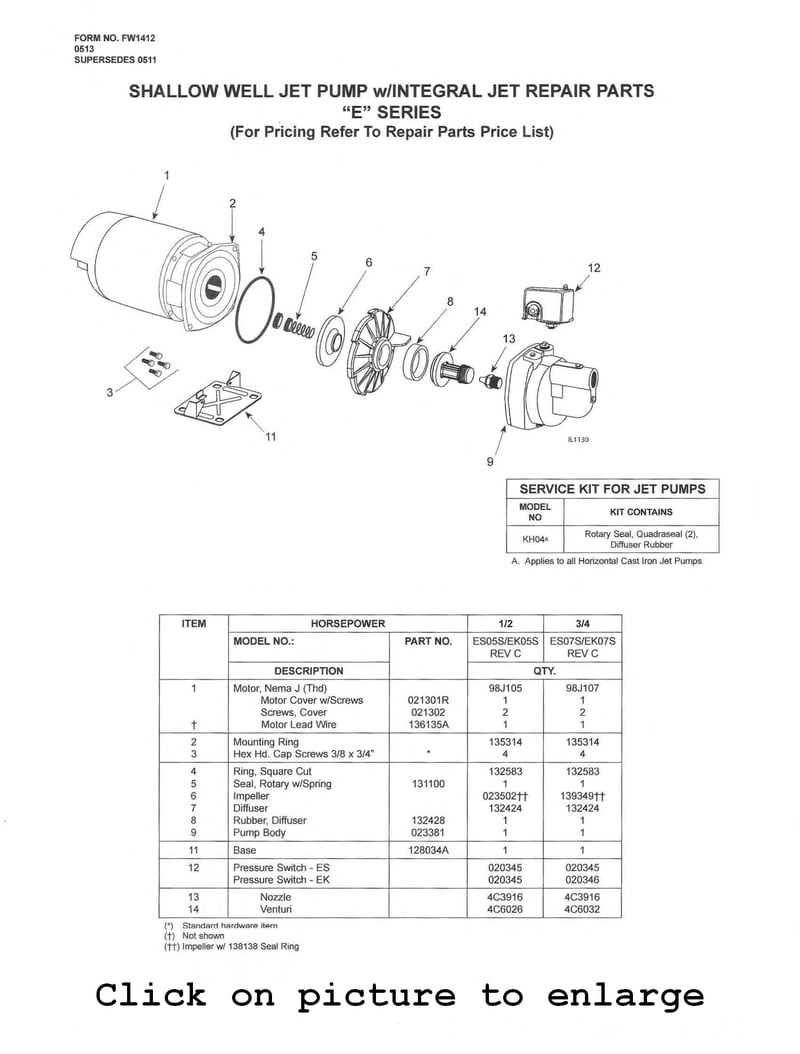 Flint and Walling OEM EK 1/2 & 3/4HP Jet Pump Parts